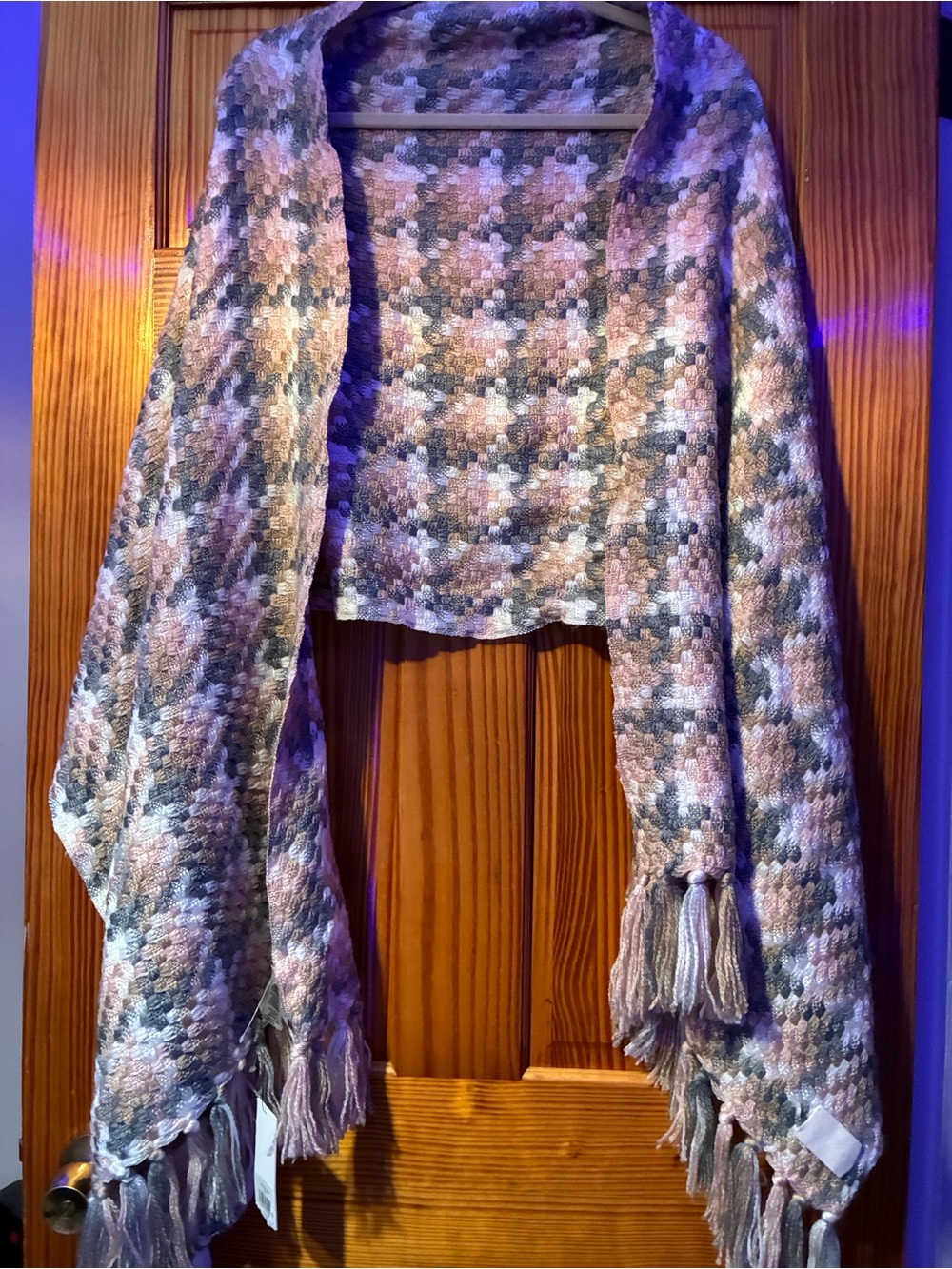 Calvin Klein Pastel Pink, Blue & Cream Knit Fringe Wrap Shawl